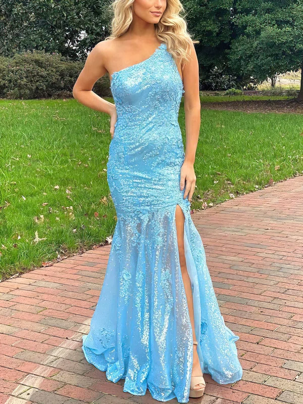 Trumpet/Mermaid One Shoulder Sequined Sweep Train Prom Dresses With Appliques Lace #Favs020115990