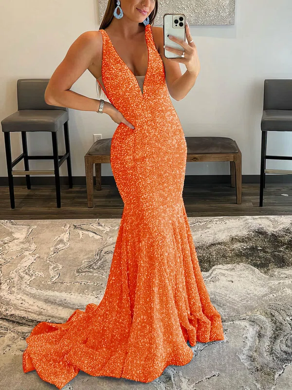 Trumpet/Mermaid V-neck Sequined Sweep Train Prom Dresses #Favs020115998