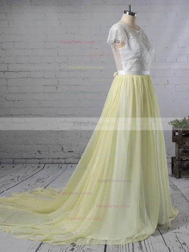 A-line Scoop Neck Lace Chiffon Sweep Train Appliques Lace Prom Dresses #Favs020105641