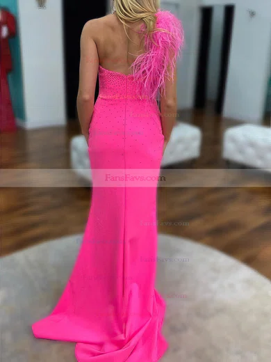 Sheath/Column One Shoulder Stretch Crepe Sweep Train Prom Dresses With Feathers / Fur #Favs020116002