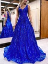 A-line V-neck Glitter Sweep Train Prom Dresses #Favs020116004