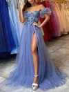 A-line Sweetheart Tulle Sweep Train Prom Dresses With Appliques Lace #Favs020116006