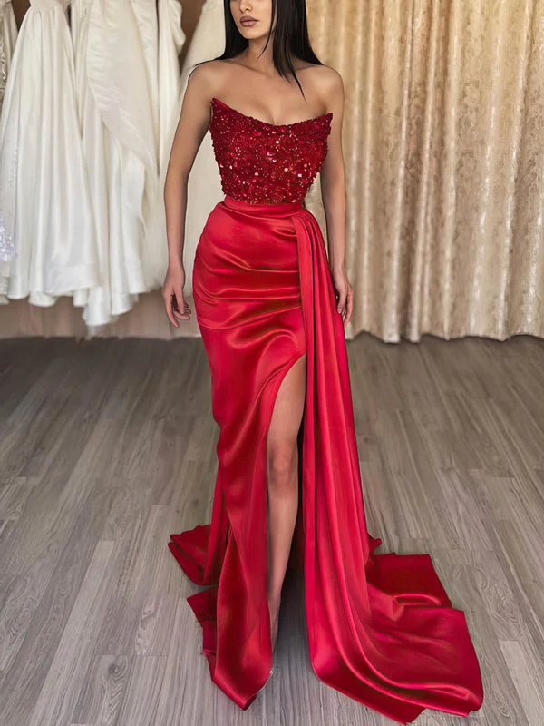 Sheath/Column Strapless Satin Sweep Train Prom Dresses With Beading #Favs020116007