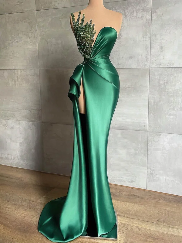 Sheath/Column Strapless Silk-like Satin Sweep Train Prom Dresses With Beading #Favs020116011
