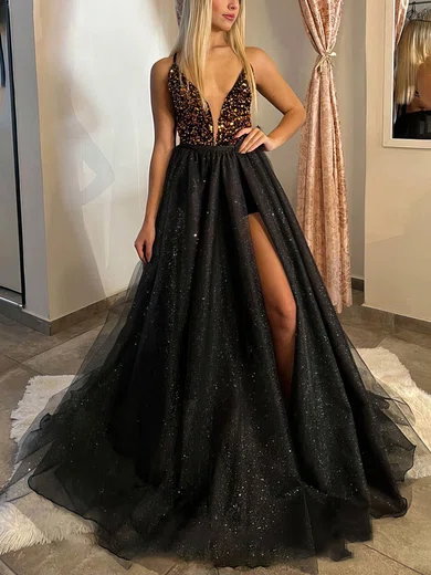 A-line V-neck Glitter Detachable Prom Dresses With Beading #Favs020116012