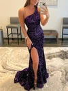 Trumpet/Mermaid One Shoulder Sequined Sweep Train Prom Dresses With Split Front #Favs020116013