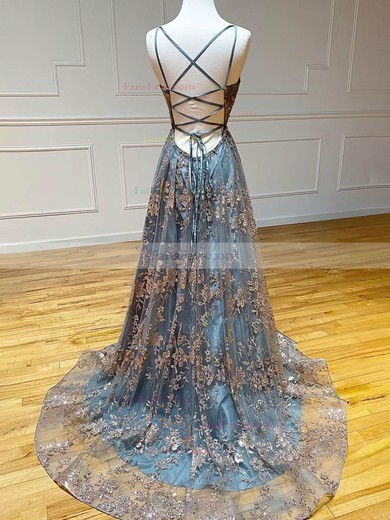 A-line V-neck Lace Sweep Train Prom Dresses With Split Front #Favs020116016