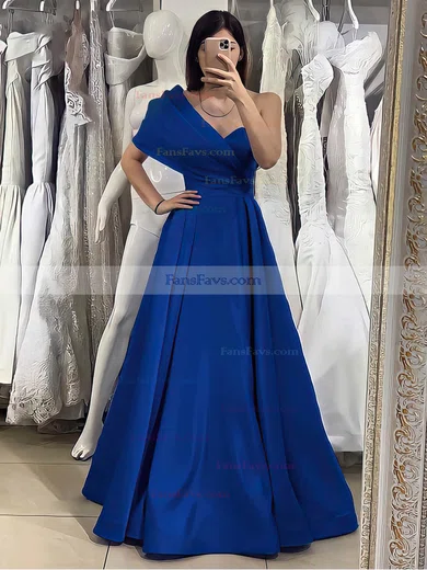 A-line One Shoulder Satin Floor-length Prom Dresses With Pockets #Favs020116022