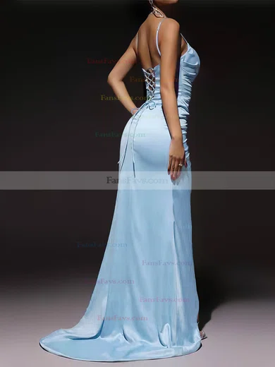 A-line V-neck Silk-like Satin Sweep Train Prom Dresses With Split Front #Favs020116023