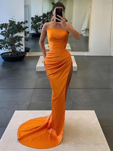 Sheath/Column Strapless Silk-like Satin Sweep Train Prom Dresses With Split Front #Favs020116024