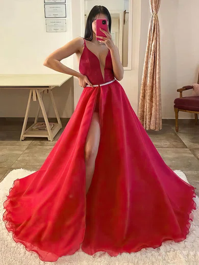 Ball Gown V-neck Organza Sequined Sweep Train Prom Dresses With Sashes / Ribbons #Favs020116027