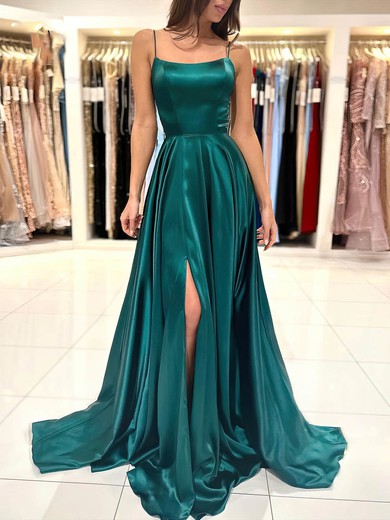 A-line Square Neckline Silk-like Satin Sweep Train Prom Dresses With Split Front #Favs020116030
