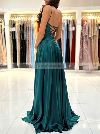 A-line Square Neckline Silk-like Satin Sweep Train Prom Dresses With Split Front #Favs020116030