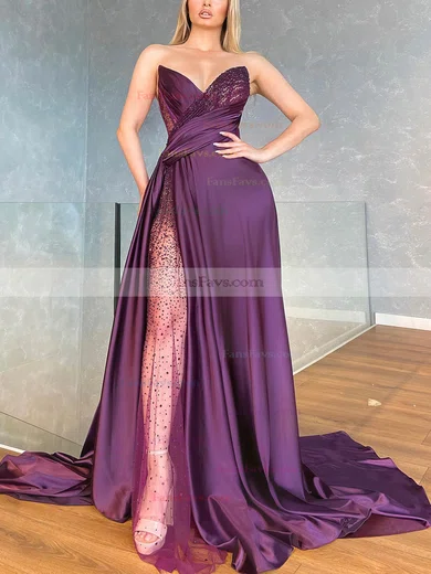 Sheath/Column V-neck Silk-like Satin Glitter Sweep Train Prom Dresses With Split Front #Favs020116031