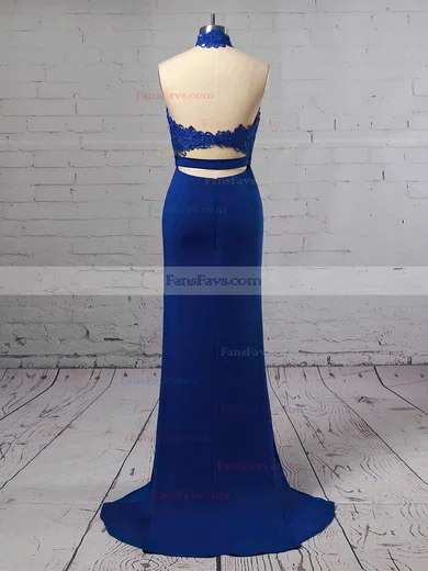 Sheath/Column Halter Jersey Sweep Train Lace Prom Dresses #Favs020104991
