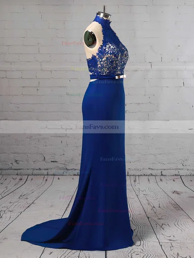 Sheath/Column Halter Jersey Sweep Train Lace Prom Dresses #Favs020104991