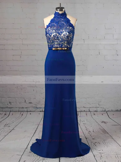 Sheath/Column Halter Jersey Sweep Train Lace Prom Dresses #Favs020104991