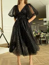A-line V-neck Tulle Tea-length Prom Dresses With Sashes / Ribbons #Favs020116043