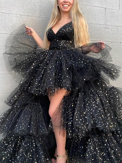 A-line V-neck Tulle Asymmetrical Prom Dresses With Tiered #Favs020116045