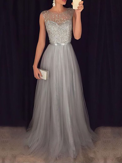 A-line Scoop Neck Tulle Floor-length Beading Prom Dresses #Favs020103502