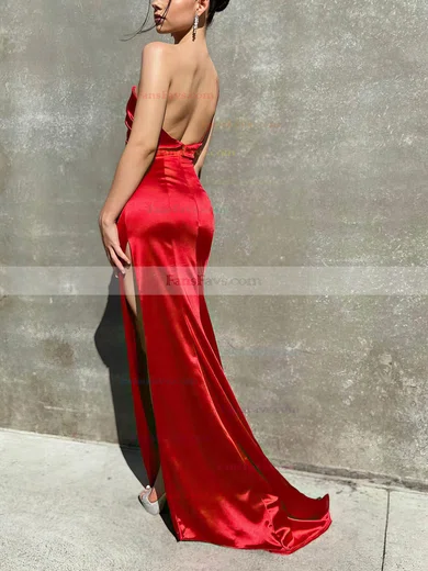 Sheath/Column One Shoulder Silk-like Satin Sweep Train Prom Dresses With Split Front #Favs020116055