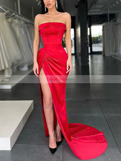 Sheath/Column Strapless Silk-like Satin Sweep Train Prom Dresses With Split Front #Favs020116059
