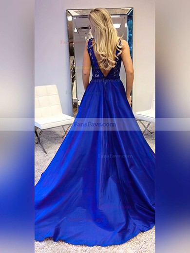 Princess V-neck Lace Satin Sweep Train Sashes / Ribbons Prom Dresses #Favs020105252