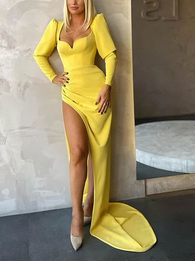 Sheath/Column V-neck Silk-like Satin Sweep Train Prom Dresses With Ruffles #Favs020116063