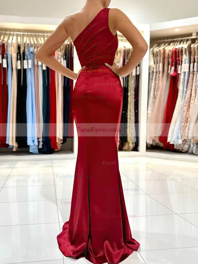 Sheath/Column One Shoulder Silk-like Satin Sweep Train Prom Dresses With Split Front #Favs020116066