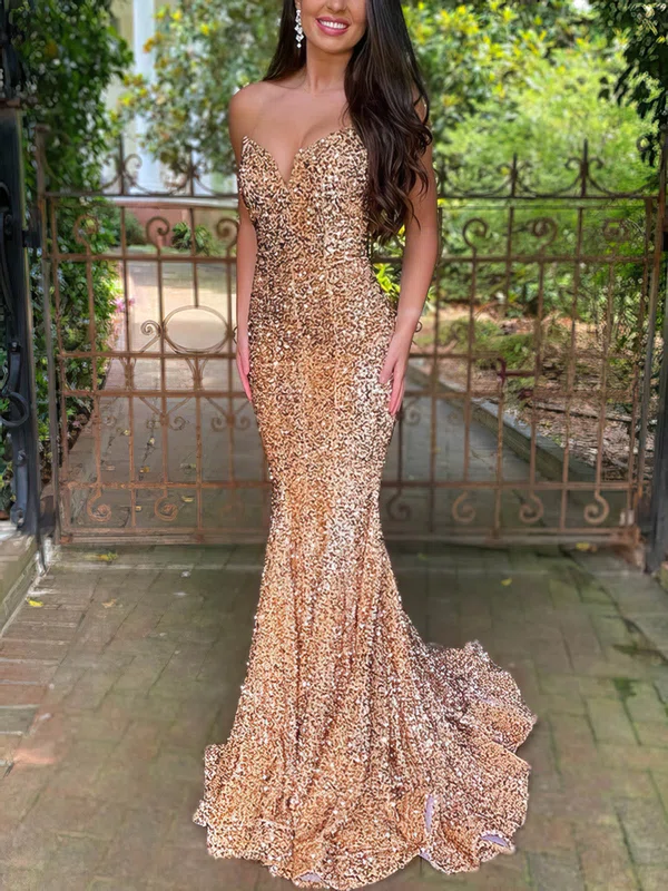 Trumpet/Mermaid V-neck Sequined Sweep Train Prom Dresses #Favs020116069