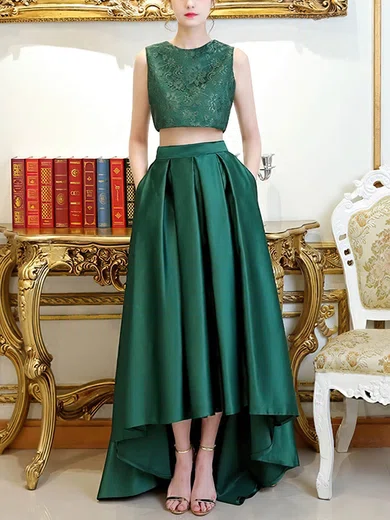 A-line Scoop Neck Lace Satin Asymmetrical Pockets Prom Dresses #Favs020105260