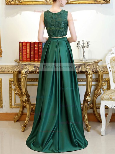 A-line Scoop Neck Lace Satin Asymmetrical Pockets Prom Dresses #Favs020105260