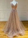 A-line V-neck Tulle Glitter Sweep Train Prom Dresses With Appliques Lace #Favs020116072
