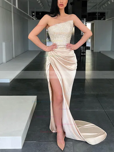 Sheath/Column Strapless Sequined Silk-like Satin Sweep Train Prom Dresses With Split Front #Favs020116075
