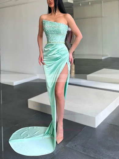 Sheath/Column Strapless Sequined Silk-like Satin Sweep Train Prom Dresses With Split Front #Favs020116075