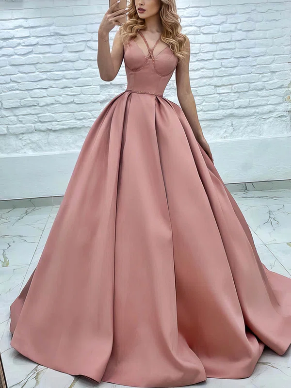 Ball Gown V-neck Satin Sweep Train Prom Dresses With Sashes / Ribbons #Favs020116076