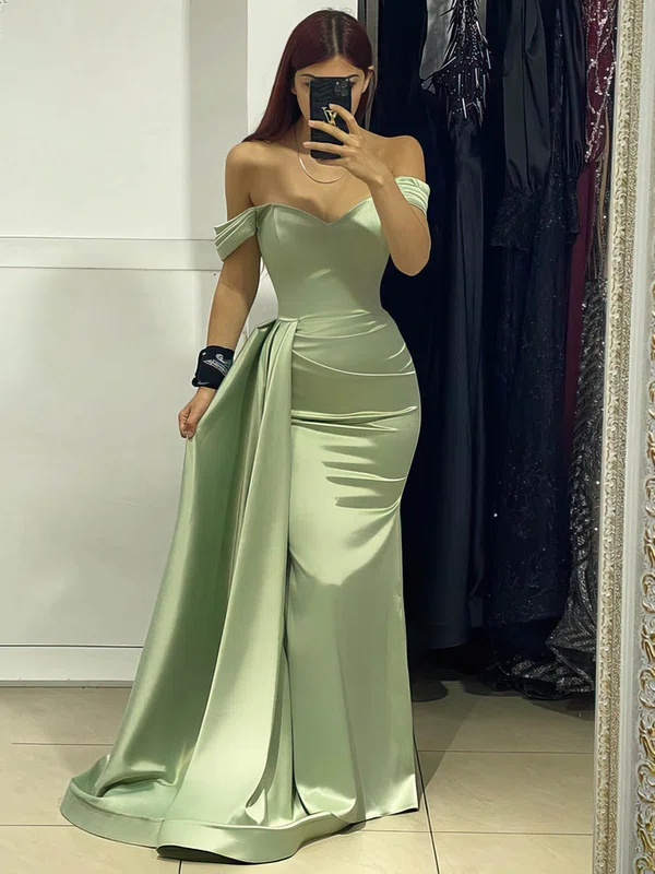 Sheath/Column Off-the-shoulder Satin Floor-length Prom Dresses With Ruffles #Favs020116079