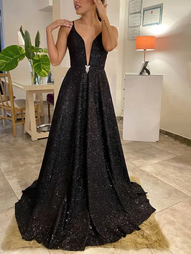 A-line V-neck Glitter Sweep Train Prom Dresses With Sashes / Ribbons #Favs020116083