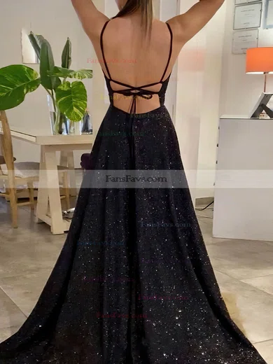 A-line V-neck Glitter Sweep Train Prom Dresses With Sashes / Ribbons #Favs020116083