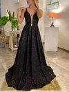 A-line V-neck Glitter Sweep Train Prom Dresses With Sashes / Ribbons #Favs020116083