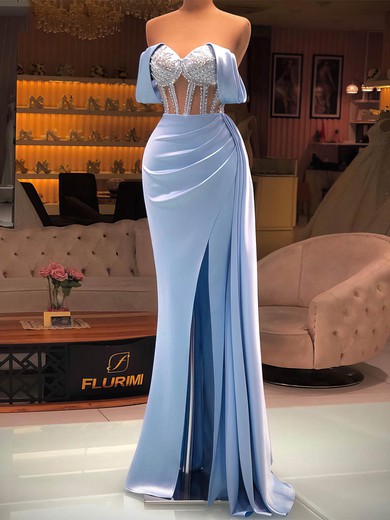 Sheath/Column Off-the-shoulder Silk-like Satin Floor-length Prom Dresses With Split Front #Favs020116089