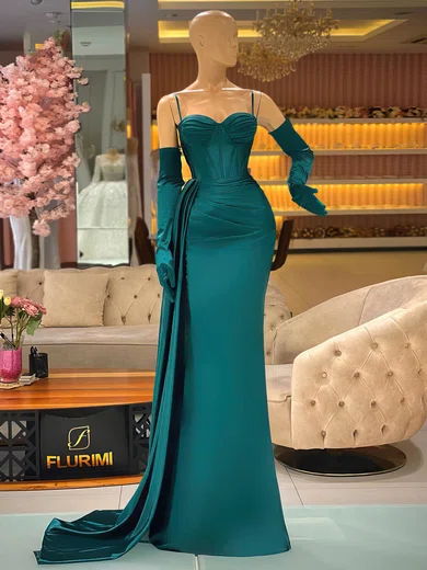 Sheath/Column Sweetheart Silk-like Satin Sweep Train Prom Dresses With Ruffles #Favs020116090