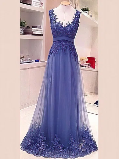 Popular Lace Tulle V-neck Sashes / Ribbons Open Back Prom Dress #Favs02018702