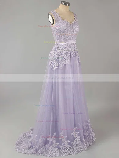 Popular Lace Tulle V-neck Sashes / Ribbons Open Back Prom Dress #Favs02018702