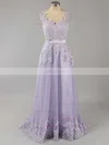 Popular Lace Tulle V-neck Sashes / Ribbons Open Back Prom Dress #Favs02018702