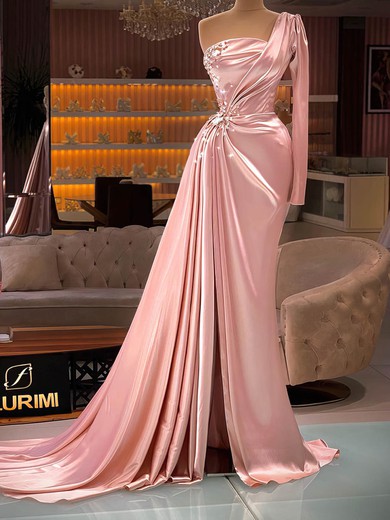Sheath/Column One Shoulder Silk-like Satin Sweep Train Prom Dresses With Beading #Favs020116093