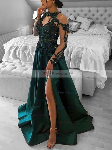 A-line High Neck Satin Sweep Train Prom Dresses With Appliques Lace #Favs020116097