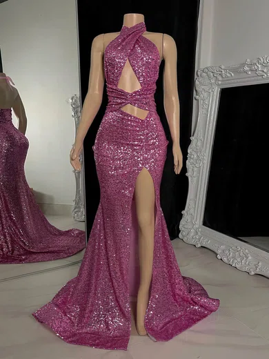 Sheath/Column Halter Sequined Sweep Train Prom Dresses With Split Front #Favs020116098