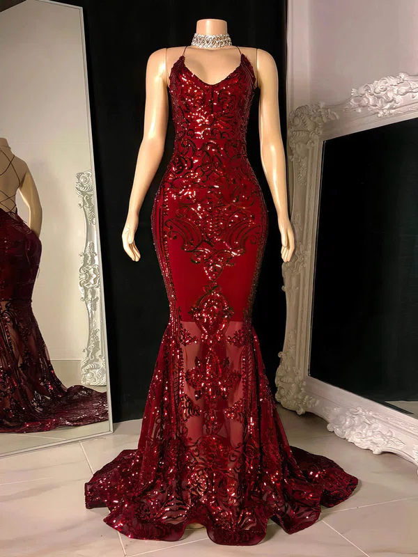 Trumpet/Mermaid V-neck Sequined Sweep Train Prom Dresses With Sequins #Favs020116099