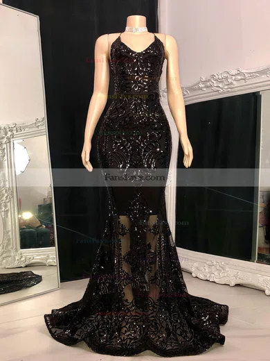 Trumpet/Mermaid V-neck Sequined Sweep Train Prom Dresses With Sequins #Favs020116099